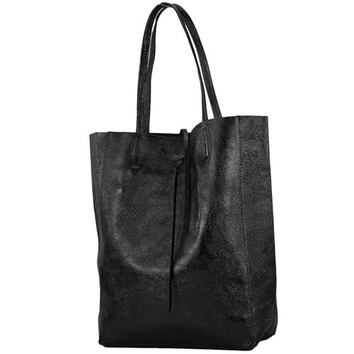 modamoda de T163 Damen Leder Shopper Schultertasche Large mit Innentasche handmade in Italy, Farbe:Schwarz-Metallic von modamoda de