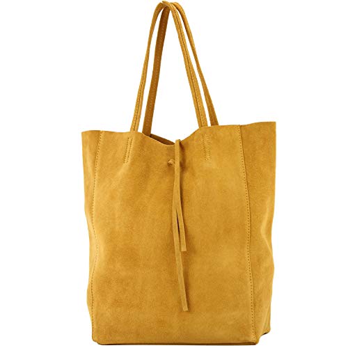 modamoda de - T163 - Ital. Shopper Large mit Innentasche aus Leder, Farbe:Senfgelb Wildleder von modamoda de