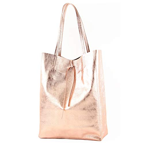 modamoda de - T163 - Ital. Shopper Large mit Innentasche aus Leder, Farbe:Rosé-Metallic von modamoda de