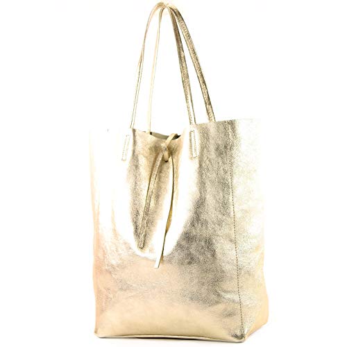 modamoda de - T163 - Ital. Shopper Large mit Innentasche aus Leder, Farbe:Gold-Metallic von modamoda de