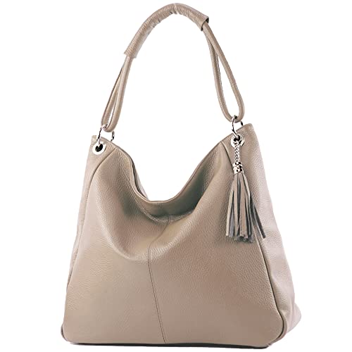 modamoda de - T165 - ital Schultertasche Groß Shopper Leder, Farbe:Dunkeltaupe von modamoda de