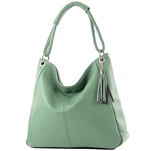 modamoda de - T165 - ital Schultertasche Groß Shopper Leder, Farbe:Graugrün von modamoda de