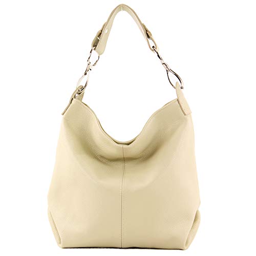 modamoda de - T168 - ital. Schultertasche Henkeltasche aus Leder, Farbe:Cremebeige von modamoda de