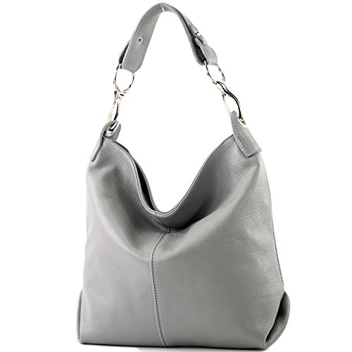 modamoda de - T168 - ital. Schultertasche Henkeltasche aus Leder, Farbe:Grau von modamoda de