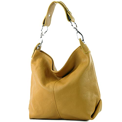 modamoda de - T168 - ital. Schultertasche Henkeltasche aus Leder, Farbe:Senfgelb von modamoda de