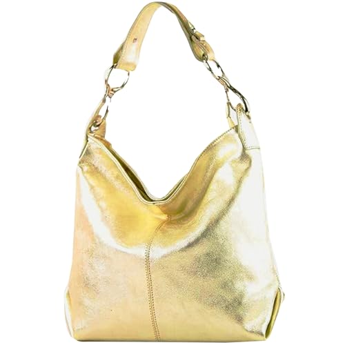 modamoda de - T168 - ital. Schultertasche Henkeltasche aus Leder, Farbe:Lightgold Metallic von modamoda de