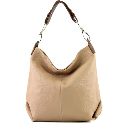 modamoda de - T168 - ital. Schultertasche Henkeltasche aus Leder, Farbe:Beige/Braun von modamoda de