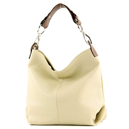 modamoda de - T168 - ital. Schultertasche Henkeltasche aus Leder, Farbe:Cremebeige/Schokobraun von modamoda de