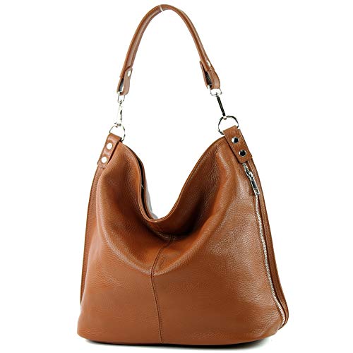 modamoda de - T177 - ital. Damen Schultertasche aus Leder, Farbe:Cognac von modamoda de