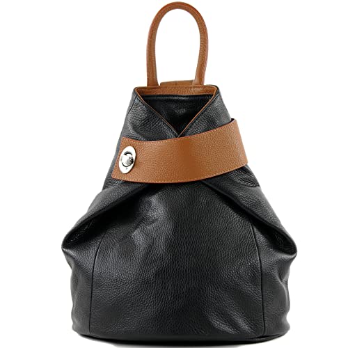 modamoda de - T179 - ital: Damen Rucksack Tasche aus Leder, Farbe:Schwarz/Cognac von modamoda de