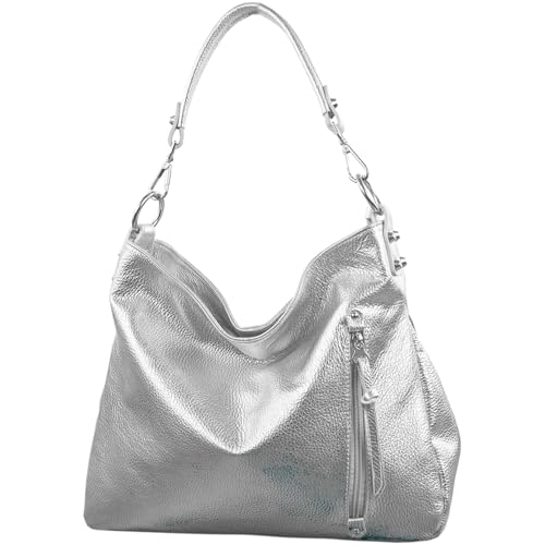 modamoda de T183 Damen Schultertasche Handtasche Tragetasche Echtleder Groß handmade in Italy, Farbe:Silber-Metallic von modamoda de