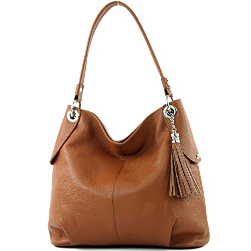 modamoda de - T185 - ital. Damen Schultertasche aus Leder, Farbe:Cognac von modamoda de