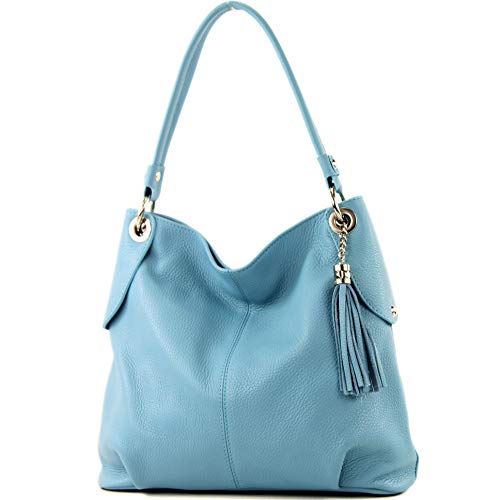 modamoda de - T185 - ital. Damen Schultertasche aus Leder, Farbe:Himmelblau von modamoda de