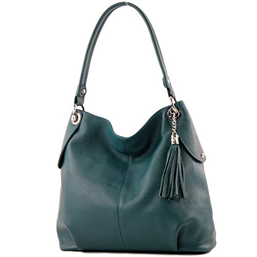 modamoda de - T185 - ital. Damen Schultertasche aus Leder, Farbe:Petrol von modamoda de