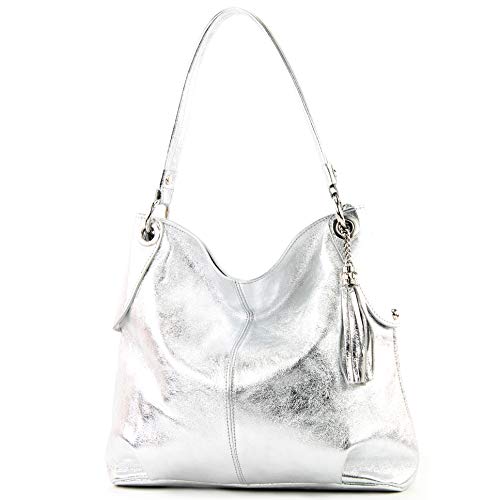 modamoda de - T185 - ital. Damen Schultertasche aus Leder, Farbe:Silber von modamoda de