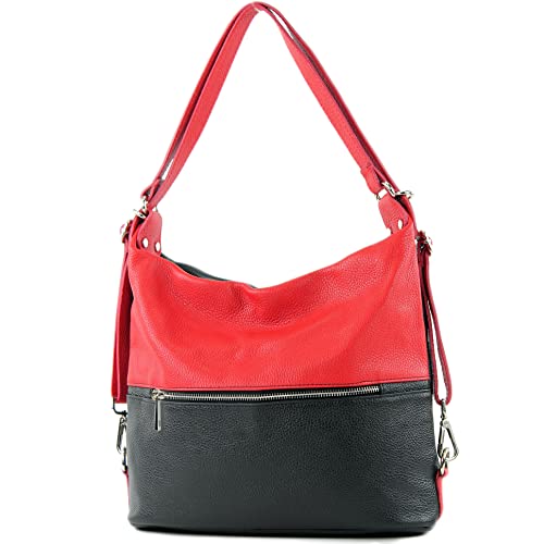 modamoda de - T189 - ital. Damen Rucksack Tasche 2in1 aus Leder, Farbe:Schwarz/Rot von modamoda de