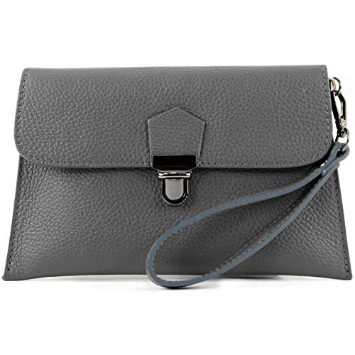 modamoda de T190 Damen Leder Clutch Handgelenktasche Schultertasche mit Kette handmade in Italy, Farbe:Dunkelgrau von modamoda de