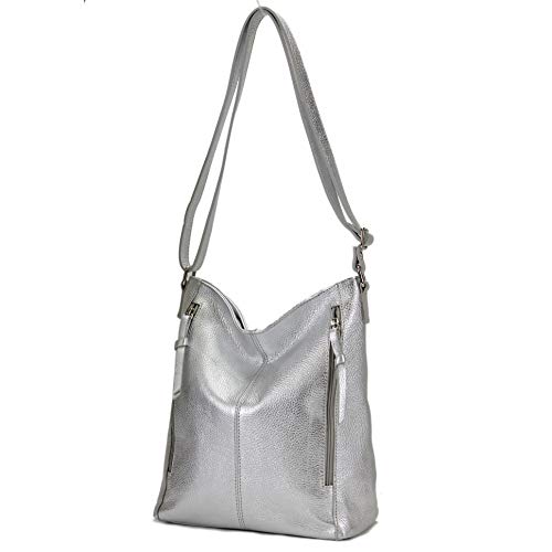 modamoda de - T195 - ital Umhängetasche Schultertasche aus Leder, Farbe:Silber-Metallic von modamoda de