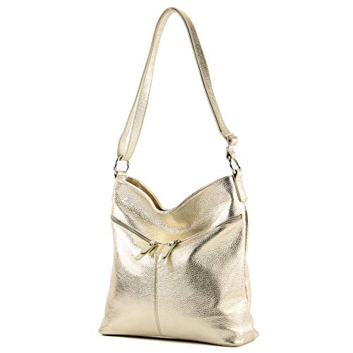 modamoda de - T196 - ital Umhängetasche Schultertasche aus Leder, Farbe:Lightgold Metallic von modamoda de