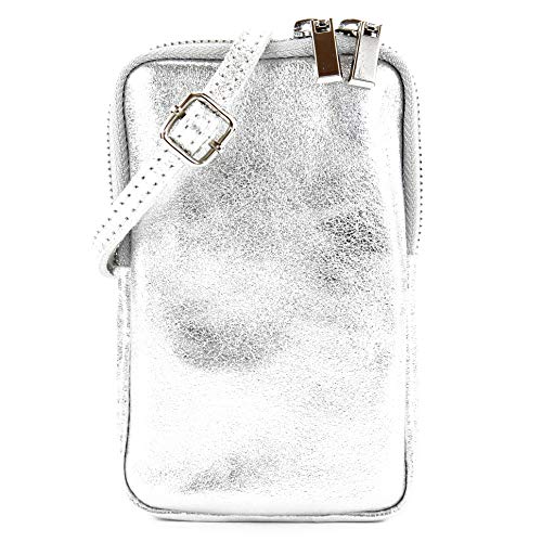 modamoda de T197 Damen Leder Handytasche 6,7 Zoll Umhängetasche handmade in Italy, Farbe:Silber-Metallic von modamoda de