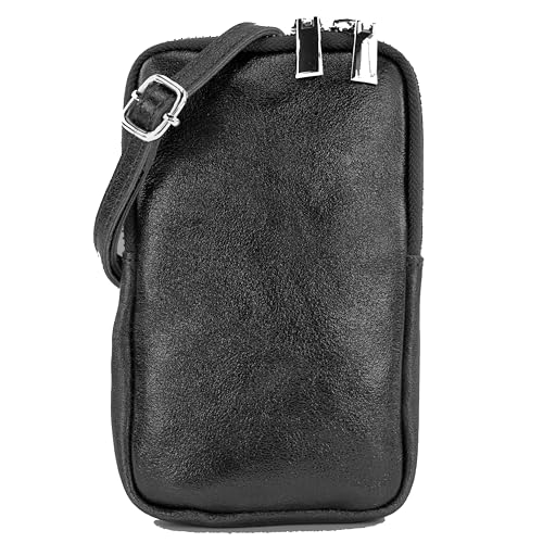 modamoda de T197 Damen Leder Handytasche 6,7 Zoll Umhängetasche handmade in Italy (Schwarz Metallic) von modamoda de