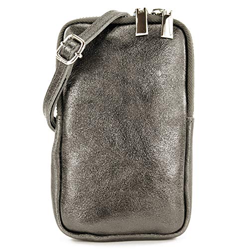 modamoda de - T197 - ital. Leder Umhängetasche Handytasche Klein, Farbe:Anthrazit Metallic von modamoda de