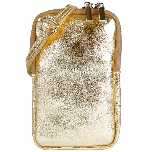 modamoda de - T197 - ital. Leder Umhängetasche Handytasche Klein, Farbe:Lightgold Metallic von modamoda de