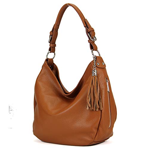 modamoda de - T200 - ital. Damen Schultertasche aus Leder, Farbe:Cognac von modamoda de