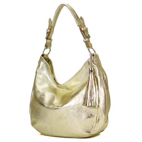 modamoda de - T200 - ital. Damen Schultertasche aus Leder, Farbe:Lightgold Metallic von modamoda de