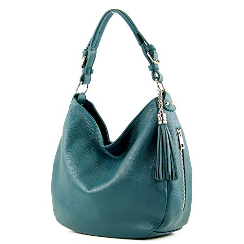 modamoda de - T200 - ital. Damen Schultertasche aus Leder, Farbe:Petrol von modamoda de