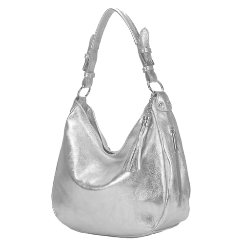 modamoda de - T200 - ital. Damen Schultertasche aus Leder, Farbe:Silber-Metallic von modamoda de