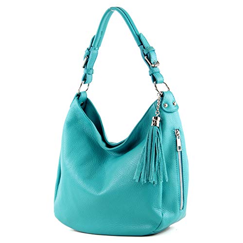 modamoda de T200 Damen Leder Schultertasche Henkeltasche handmade in Italy, Farbe:Türkisblau von modamoda de