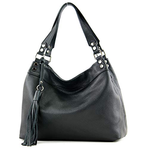 modamoda de - T201 - ital. Damen Schultertasche aus Echtleder, Farbe:Schwarz von modamoda de