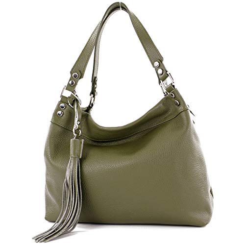 modamoda de - T201 - ital. Damen Schultertasche aus Echtleder, Farbe:Olivgrün von modamoda de