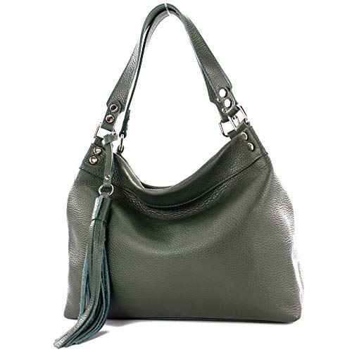 modamoda de - T201 - ital. Damen Schultertasche aus Echtleder, Farbe:Schwarzgrün von modamoda de