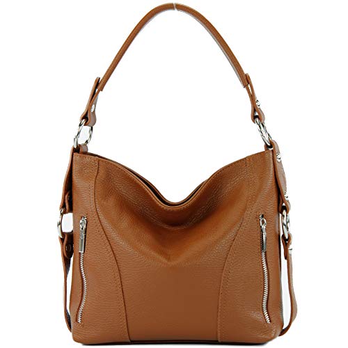 modamoda de - T202 - ital. Damen Henkeltasche Schultertasche aus Leder, Farbe:Cognac von modamoda de