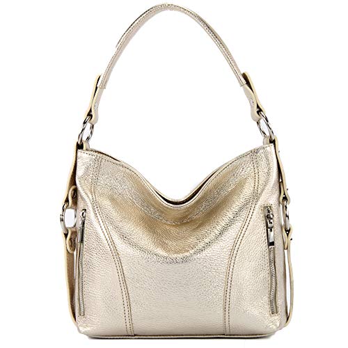 modamoda de - T202 - ital. Damen Henkeltasche Schultertasche aus Leder, Farbe:Lightgold Metallic von modamoda de