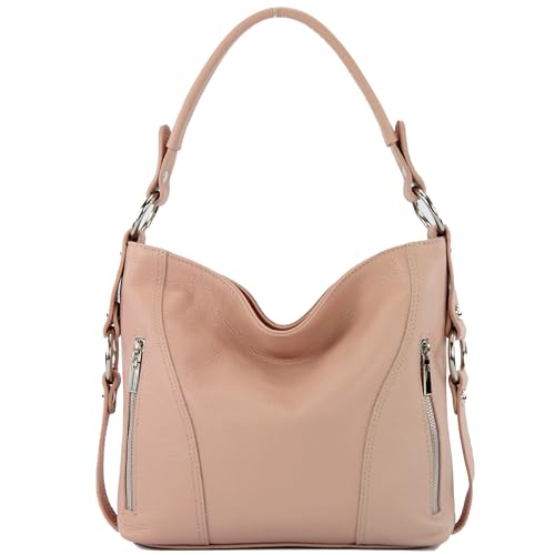 modamoda de - T202 - ital. Damen Henkeltasche Schultertasche aus Leder, Farbe:Rosabeige von modamoda de