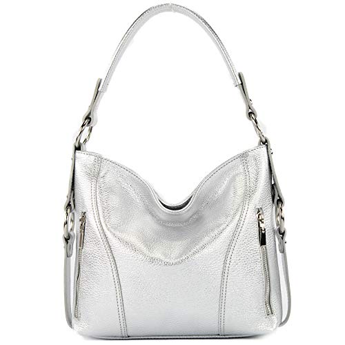 modamoda de - T202 - ital. Damen Henkeltasche Schultertasche aus Leder, Farbe:Silber-Metallic von modamoda de