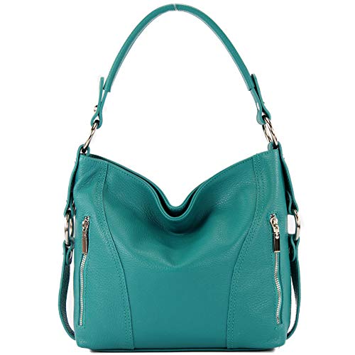 modamoda de T202 Damen Leder Henkeltasche Schultertasche handmade in Italy, Farbe:Türkisblau von modamoda de