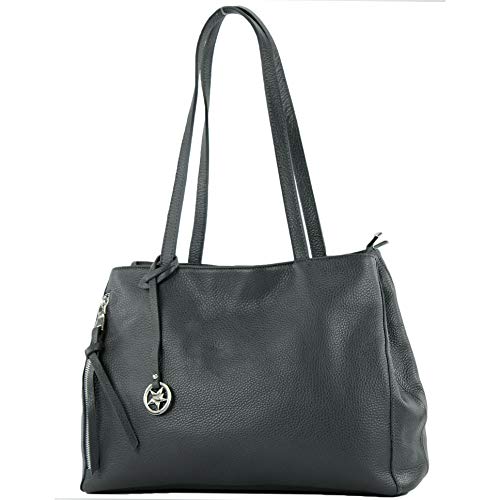 modamoda de T205 Damen Leder Schultertasche Shopper Henkeltasche handmade in Italy, Farbe:Anthrazitgrau von modamoda de