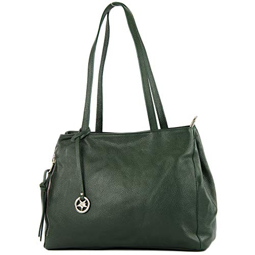 modamoda de T205 Damen Leder Schultertasche Shopper Henkeltasche handmade in Italy, Farbe:Schwarzgrün von modamoda de