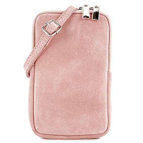 modamoda de - T210 - ital. Umhängetasche Handytasche aus Wildleder Klein, Farbe:Rosabeige von modamoda de