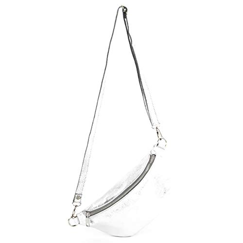 modamoda de T211 Damen Leder Bauchtasche Brusttasche Hüfttasche handmade in Italy, Farbe:Silber-Metallic von modamoda de
