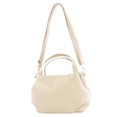 modamoda de - T218 - ital. Damen Henkeltasche Klein aus Leder, Farbe:Creme/Metall Gold von modamoda de