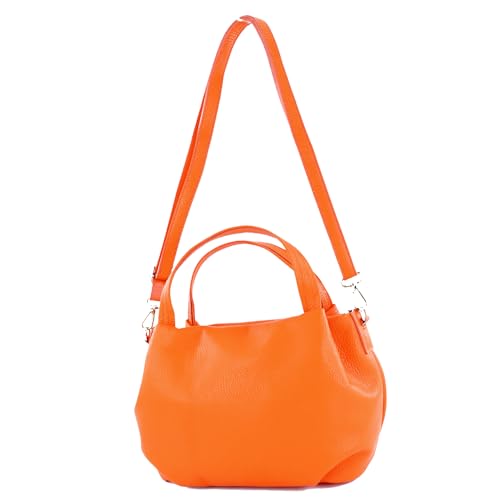 modamoda de - T218 - ital. Damen Henkeltasche Klein aus Leder, Farbe:Orange/Metall Gold von modamoda de