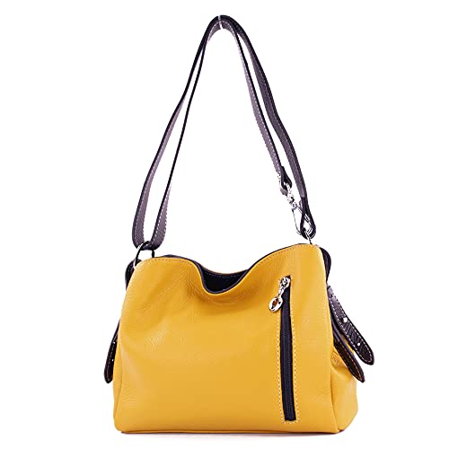 modamoda de T220 Damen Leder Schultertasche Handtasche Klein handmade in Italy, Farbe:Gelb/Dunkelbraun von modamoda de