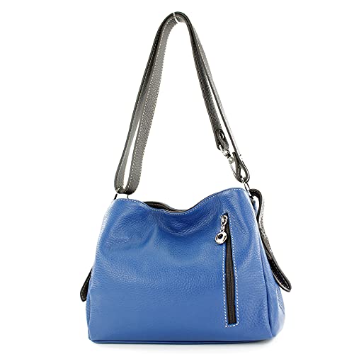 modamoda de - T220 - ital. Schultertasche Klein aus Echtleder, Farbe:Blau/Dunkelbraun von modamoda de