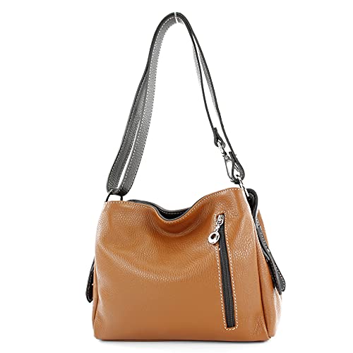 modamoda de - T220 - ital. Schultertasche Klein aus Echtleder, Farbe:Cognac/Dunkelbraun von modamoda de