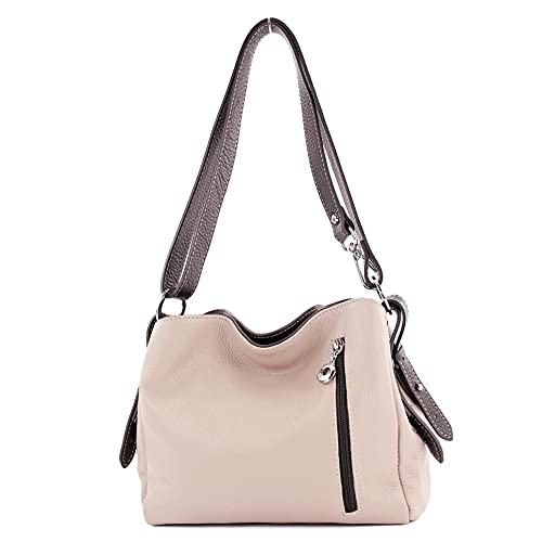 modamoda de - T220 - ital. Schultertasche Klein aus Echtleder, Farbe:Rosabeige/Dunkelbraun von modamoda de